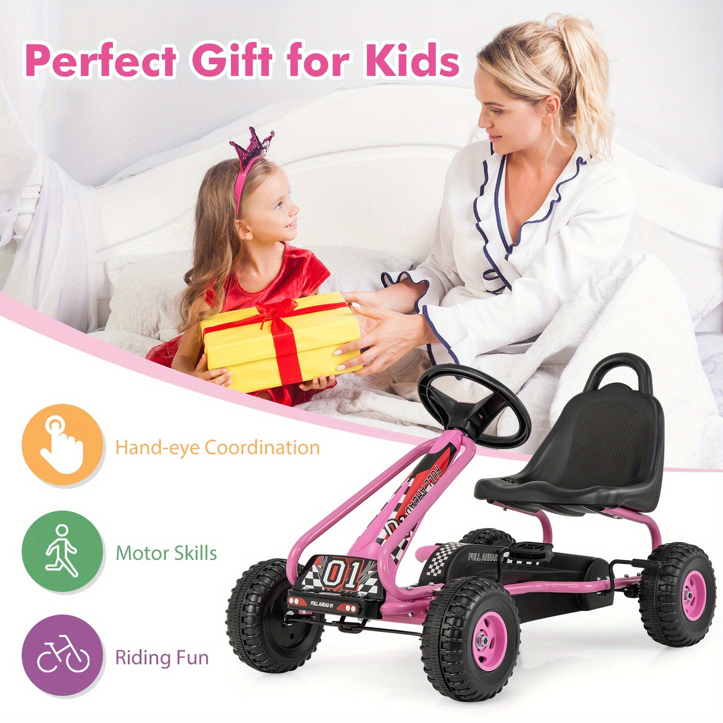 Costway Pink Kids Pedal Go Kart With Handbrake And 4 Wheels