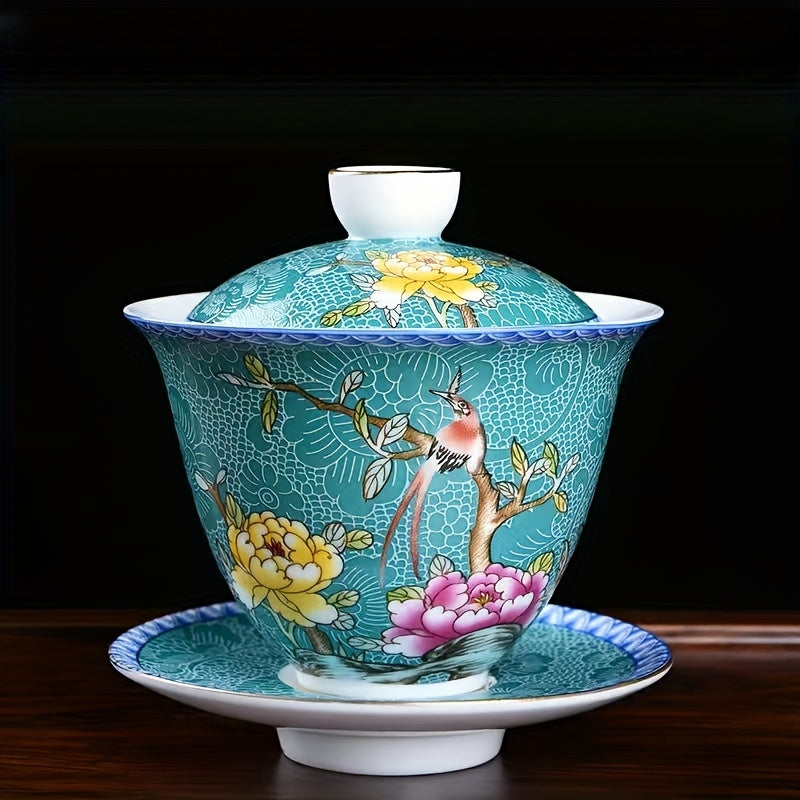 Ceramic Enamel Covered Tea Cup Set With Lid And Decor