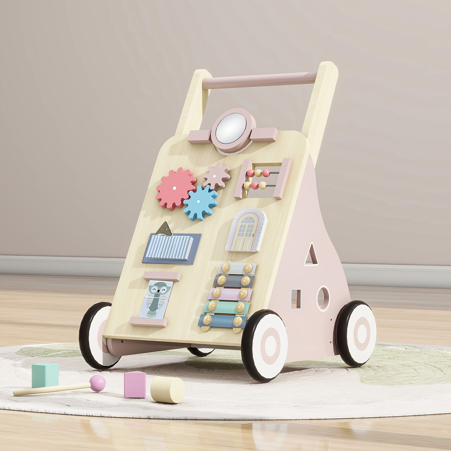Interactive Wooden Push Walker for Babies 6-12 Months