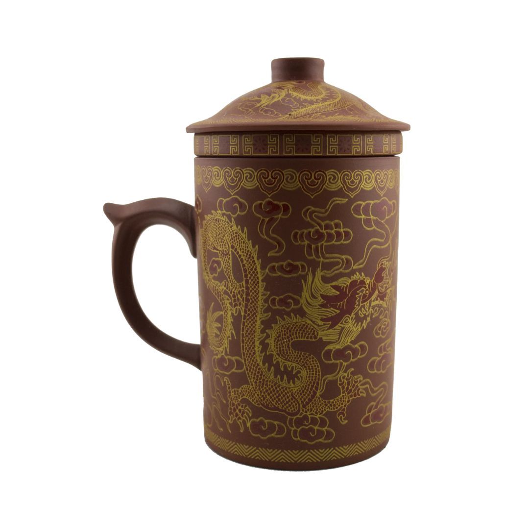 Dragon Print Yi Xing Clay Mug With Strainer 12 Oz Ceramic