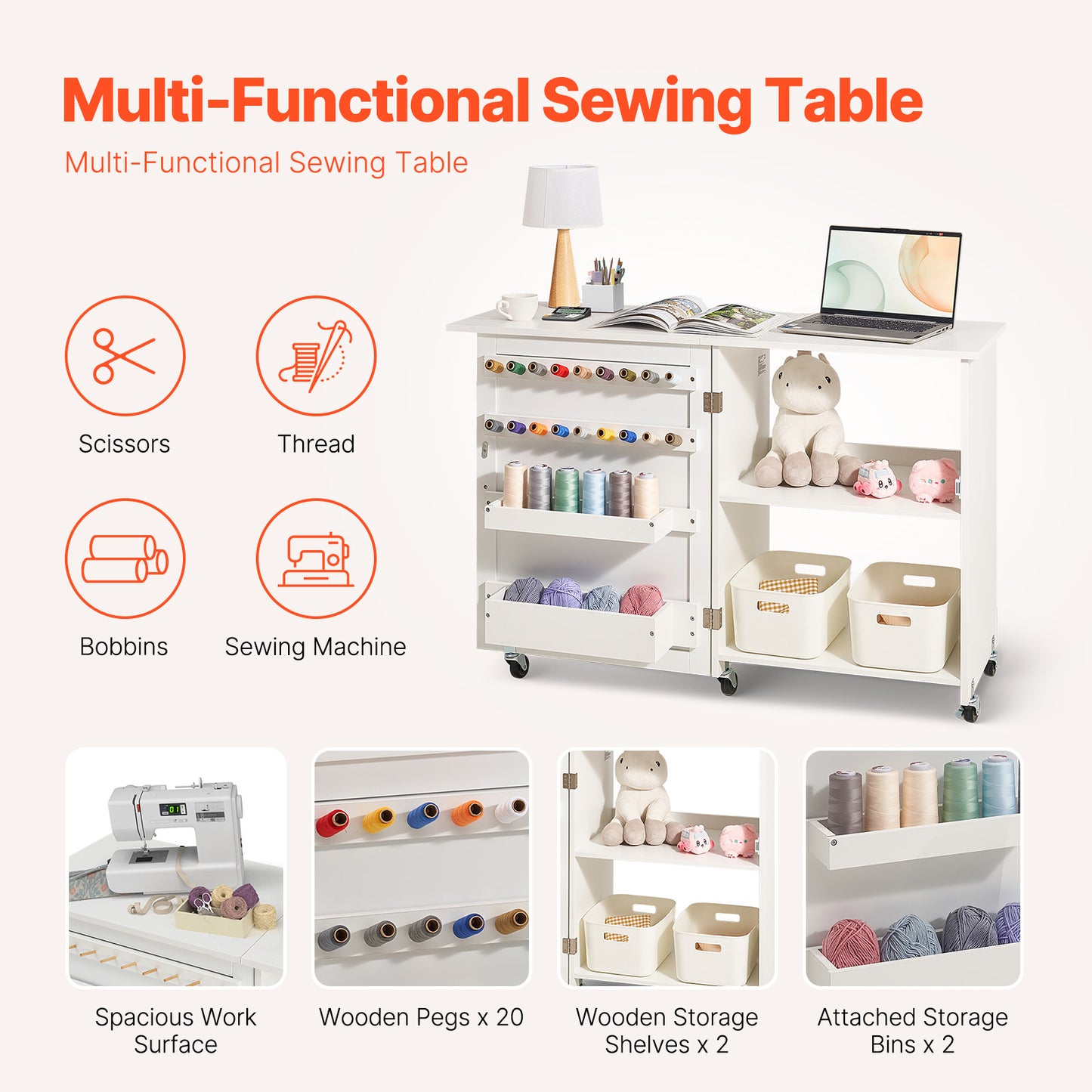 Vevor Folding Sewing Craft Table With Lockable Wheels
