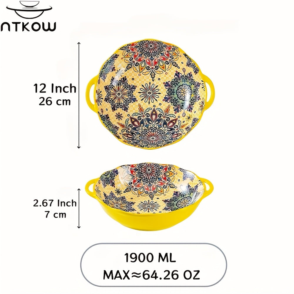NTKOW Bohemian Ceramic Salad Bowl 12 Inch Dual Handles