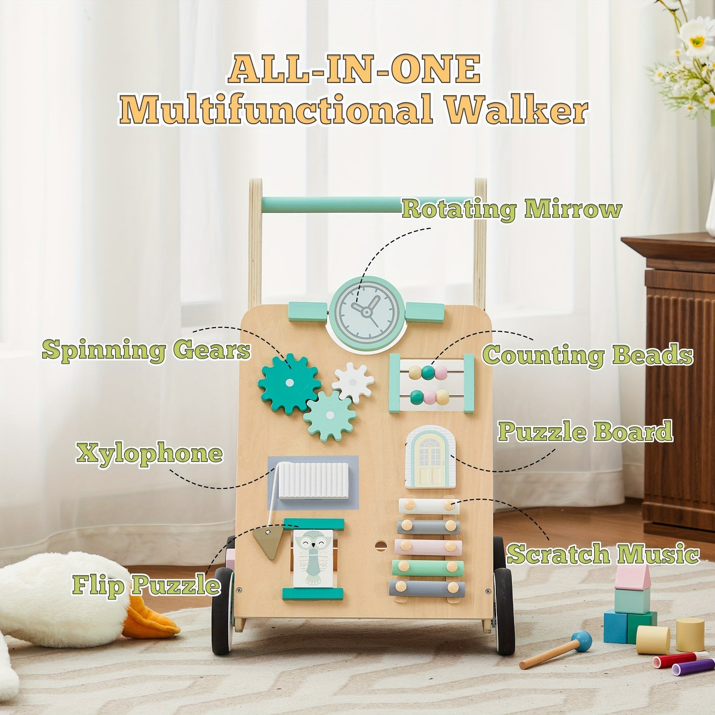 Interactive Wooden Push Walker for Babies 6-12 Months