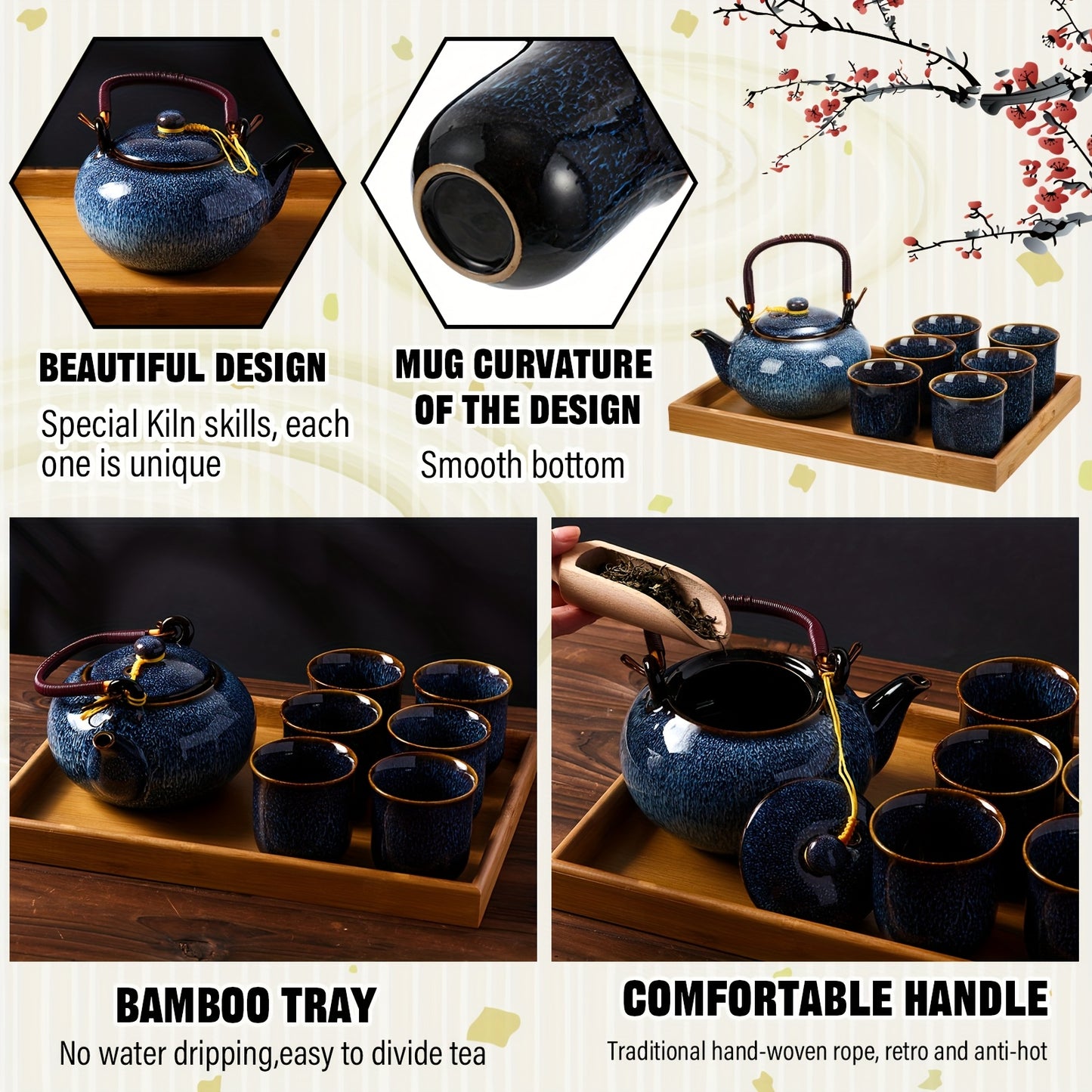 Japanese Tea Set 7 Pieces Teapot 6 Cups Tray Blue Porcelain