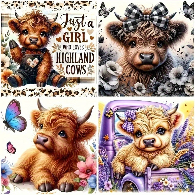 Highland Cow Diamond Painting Kit 4Pc Round Gems Wall Art