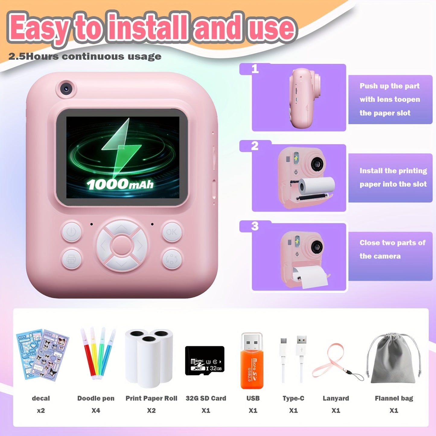 3 In 1 Instant Camera With Printer Game Console For Kids
