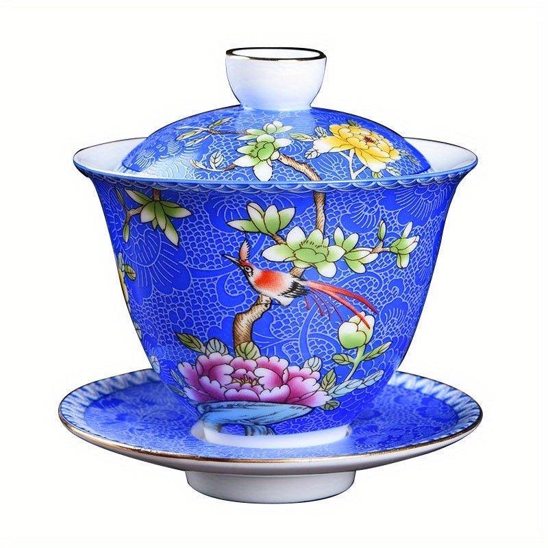 Ceramic Enamel Covered Tea Cup Set With Lid And Decor