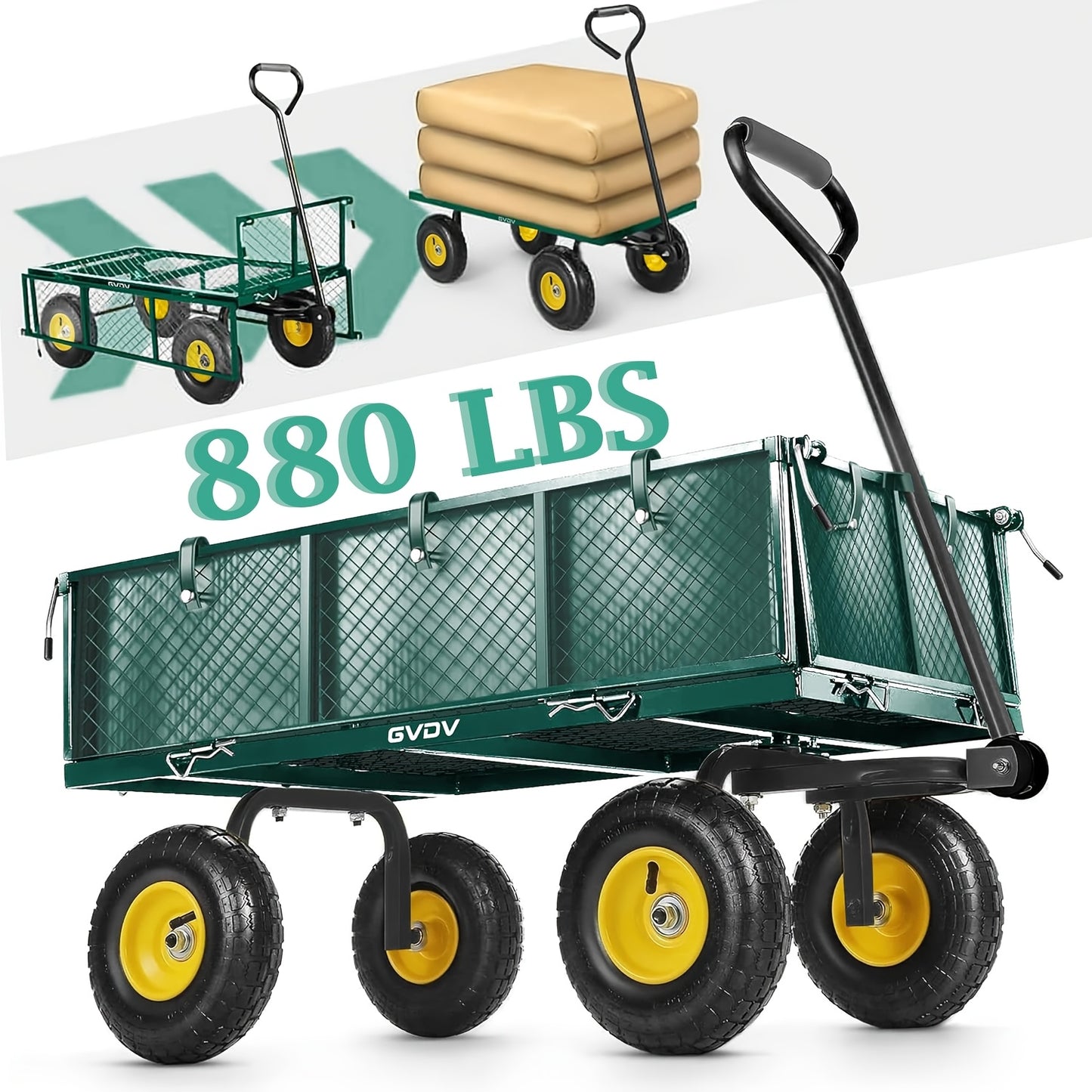 GVDV Heavy Duty Steel Garden Cart With Liner And Mesh Sides