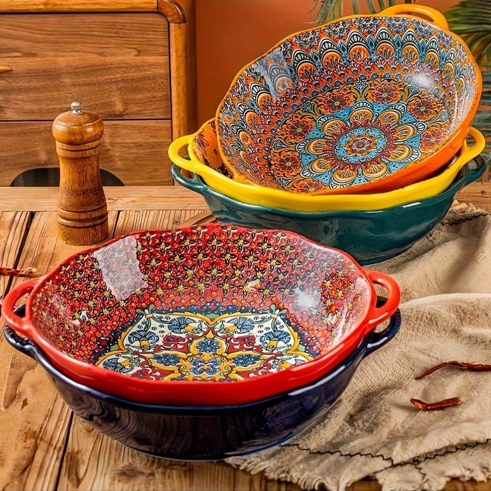 NTKOW Bohemian Ceramic Salad Bowl 12 Inch Dual Handles