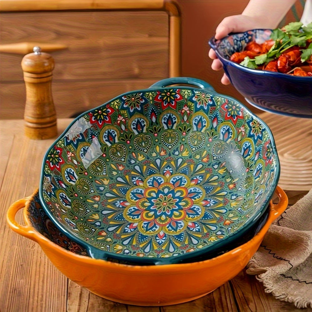 NTKOW Bohemian Ceramic Salad Bowl 12 Inch Dual Handles