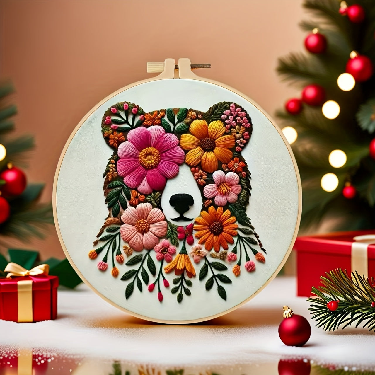 Vibrant Floral Embroidery Kit Bear And Flower Black Outline