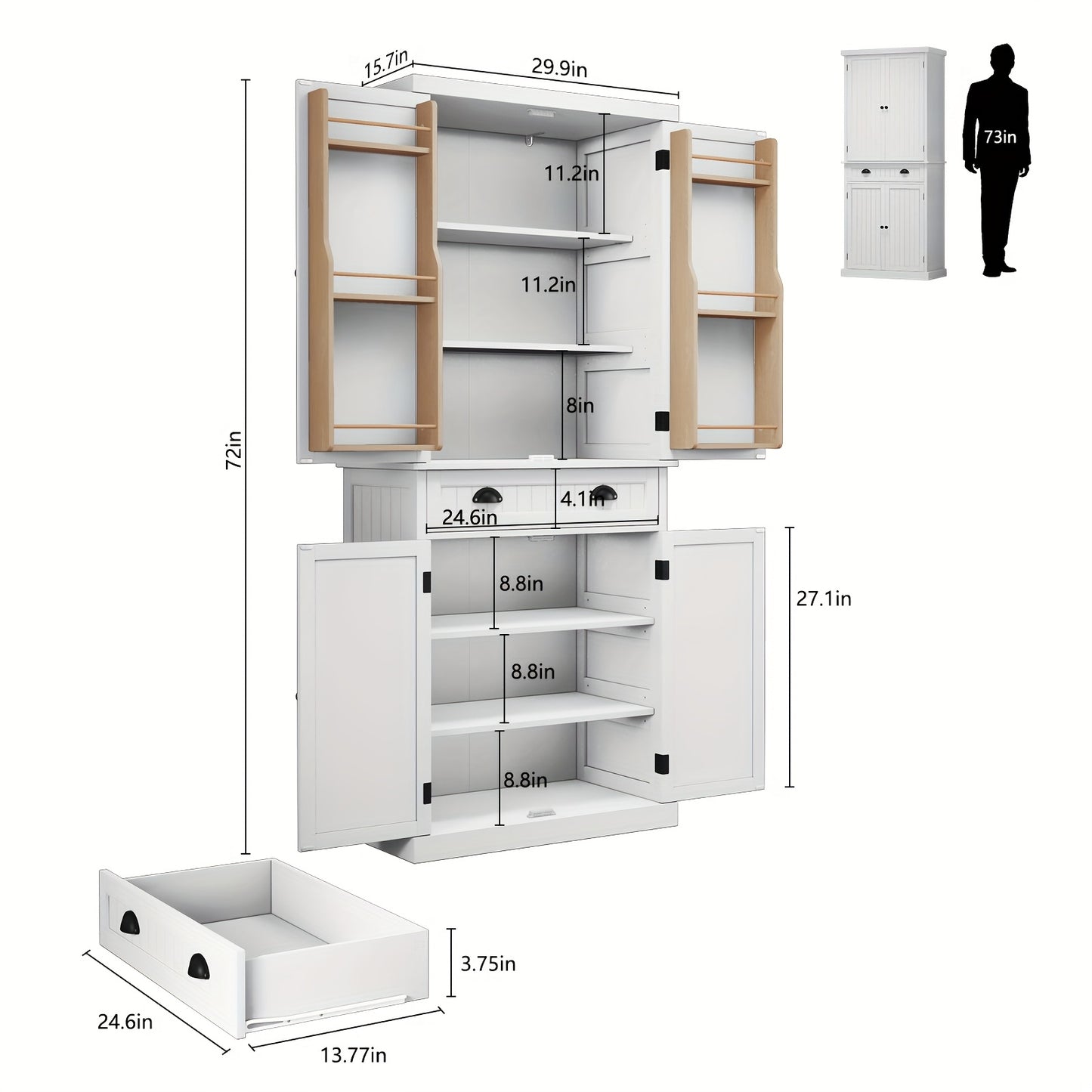 72 Inch Kitchen Pantry Cabinet Freestanding Tall Drawer