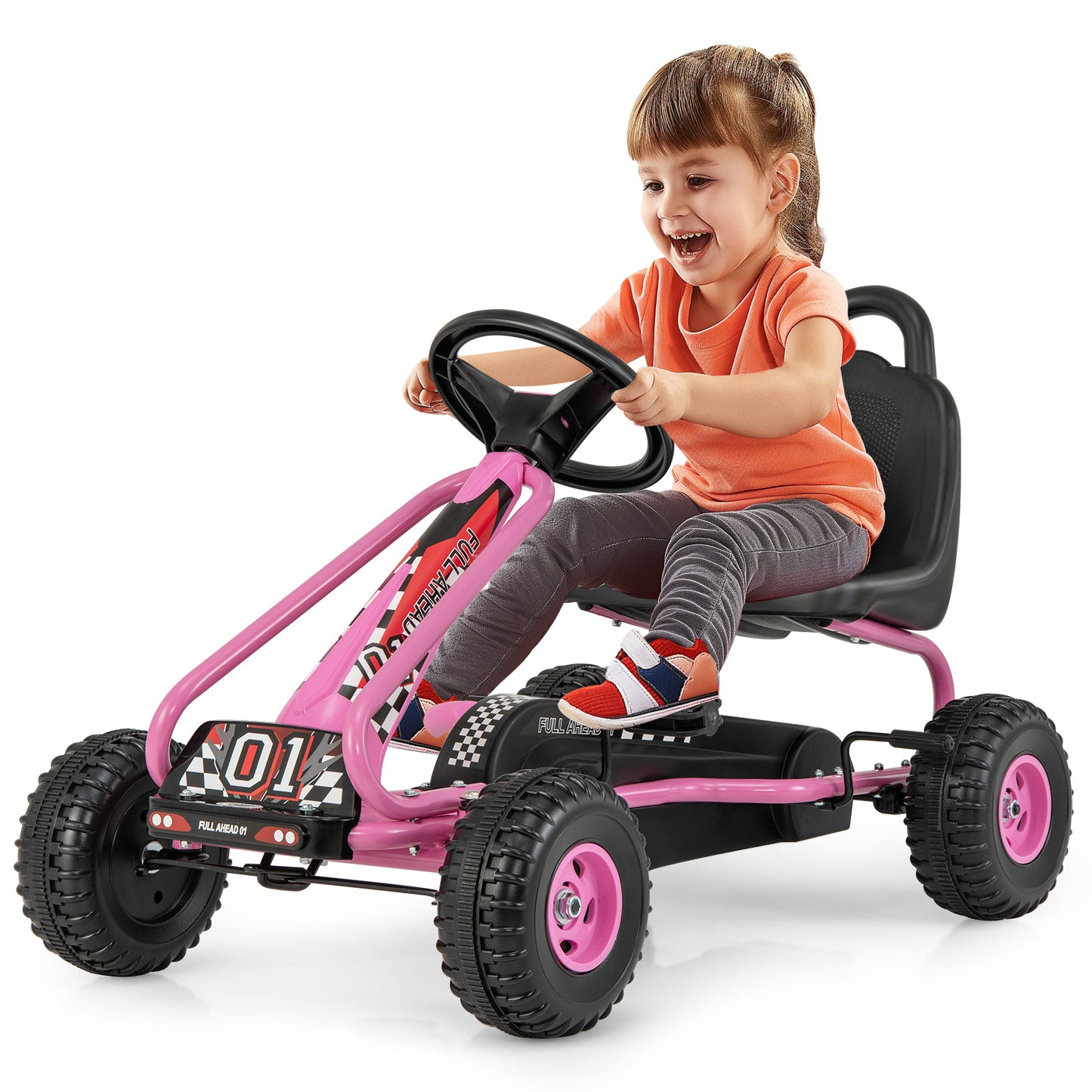 Costway Pink Kids Pedal Go Kart With Handbrake And 4 Wheels