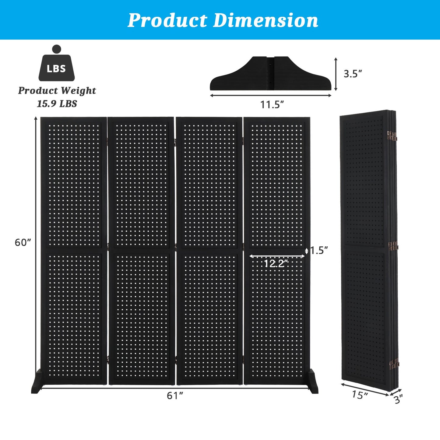 5 Ft Wood Freestanding Pegboard Room Divider Organizer