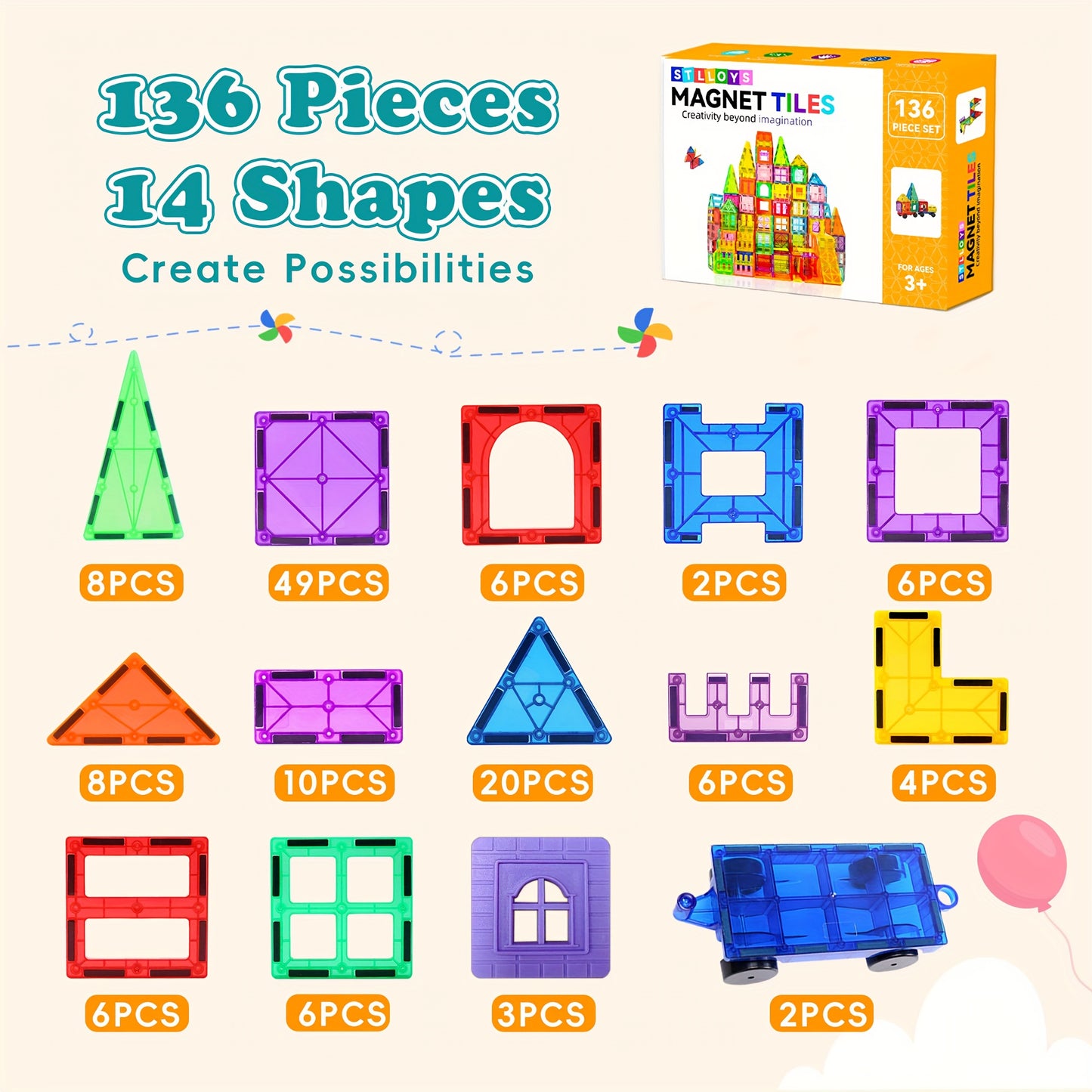 Magnetic Tiles Building Blocks Set 136 106 Pieces STEM Toys