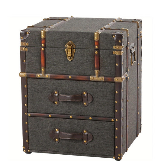 Vintage Grey Linen Storage Chest Buckle Top Nightstand
