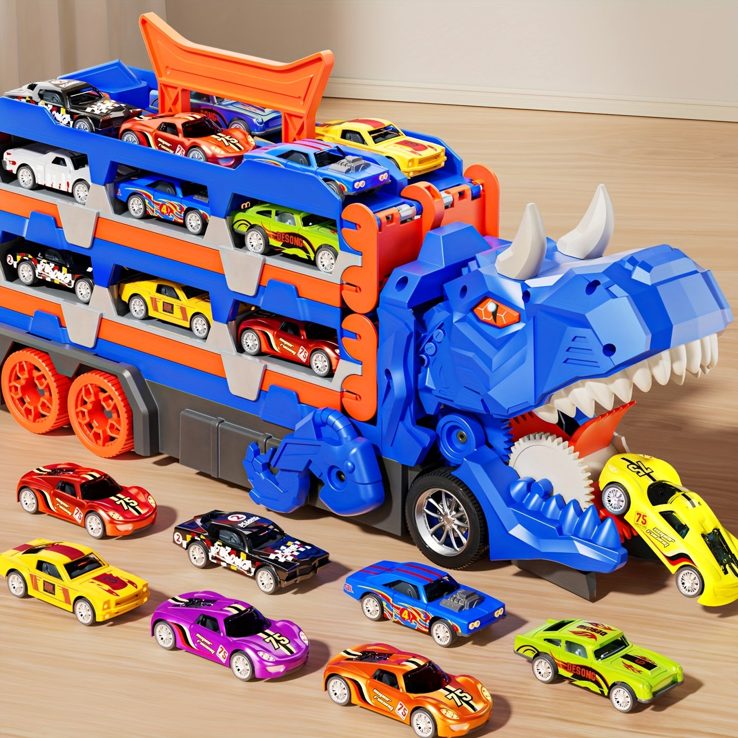 12 Cars Dino Truck Race Track Set For Toddlers 3-6