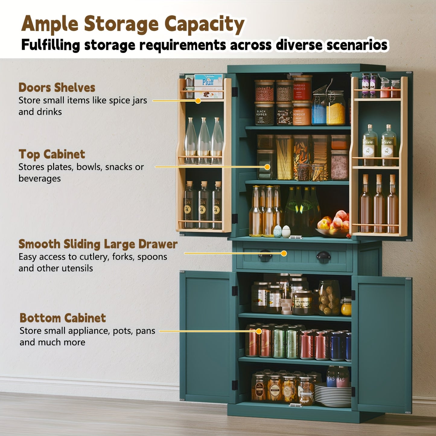 72 Inch Kitchen Pantry Cabinet Freestanding Tall Drawer