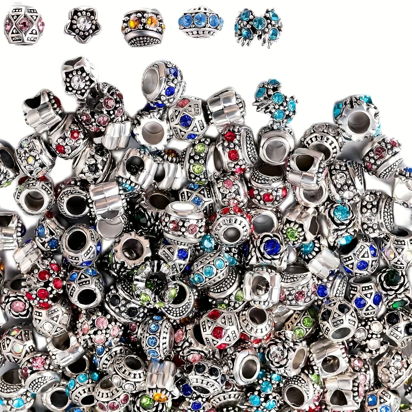 Metal Bead Set With Rhinestone Large Hole DIY Jewelry