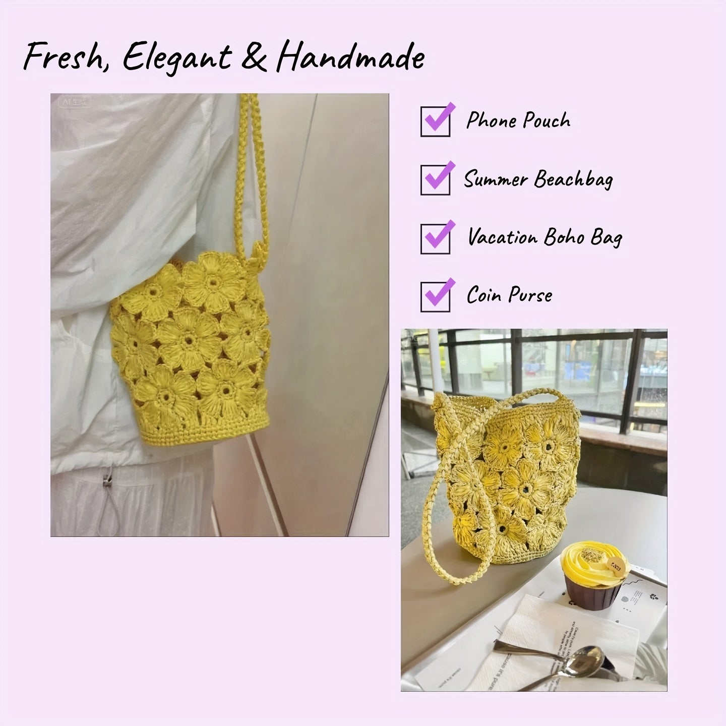 Lemon Yellow Daisy Crochet Shoulder Bag Kit Raffia Yarn