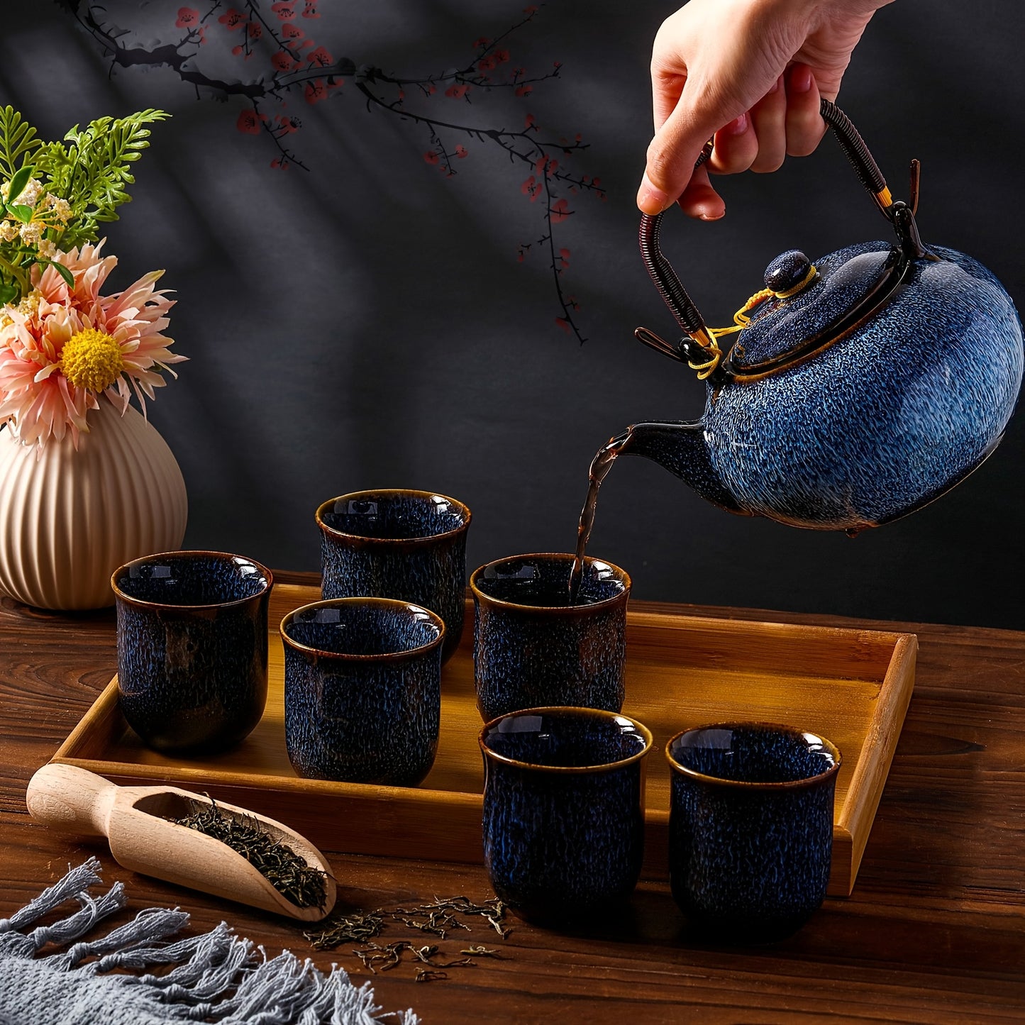Japanese Tea Set 7 Pieces Teapot 6 Cups Tray Blue Porcelain