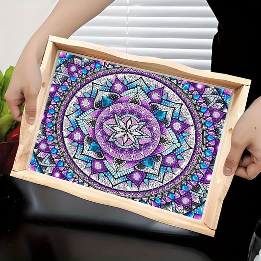 5D Diamond Painting Kit Purple Blue Mandala Wooden Tray