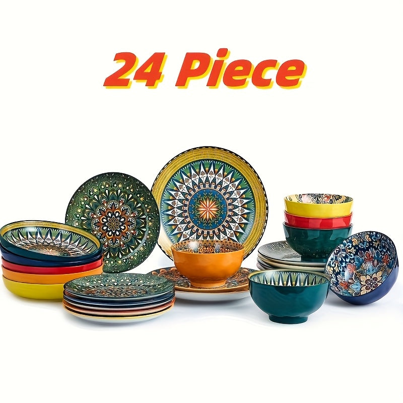 Bohemian Dinnerware Set 24pc Ceramic Plates Service For 4