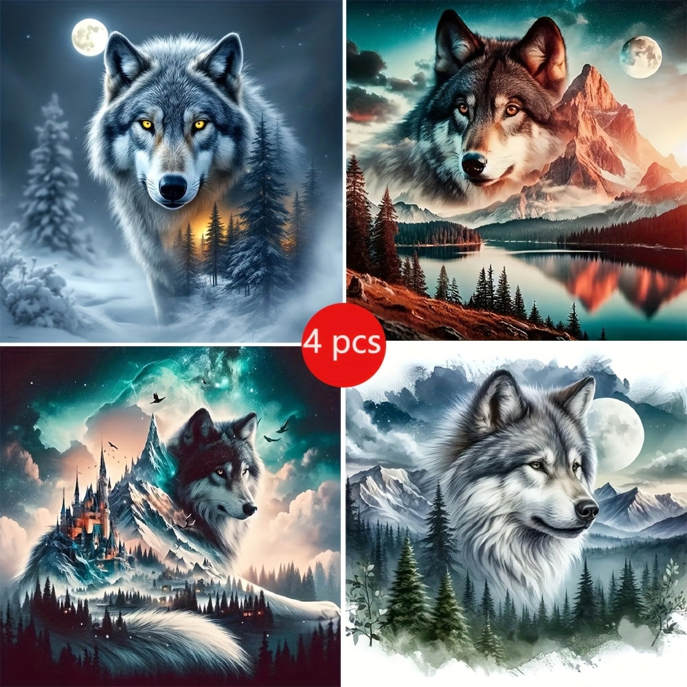 4 Pack Animal Landscape Diamond Painting Wolf Wall Decor