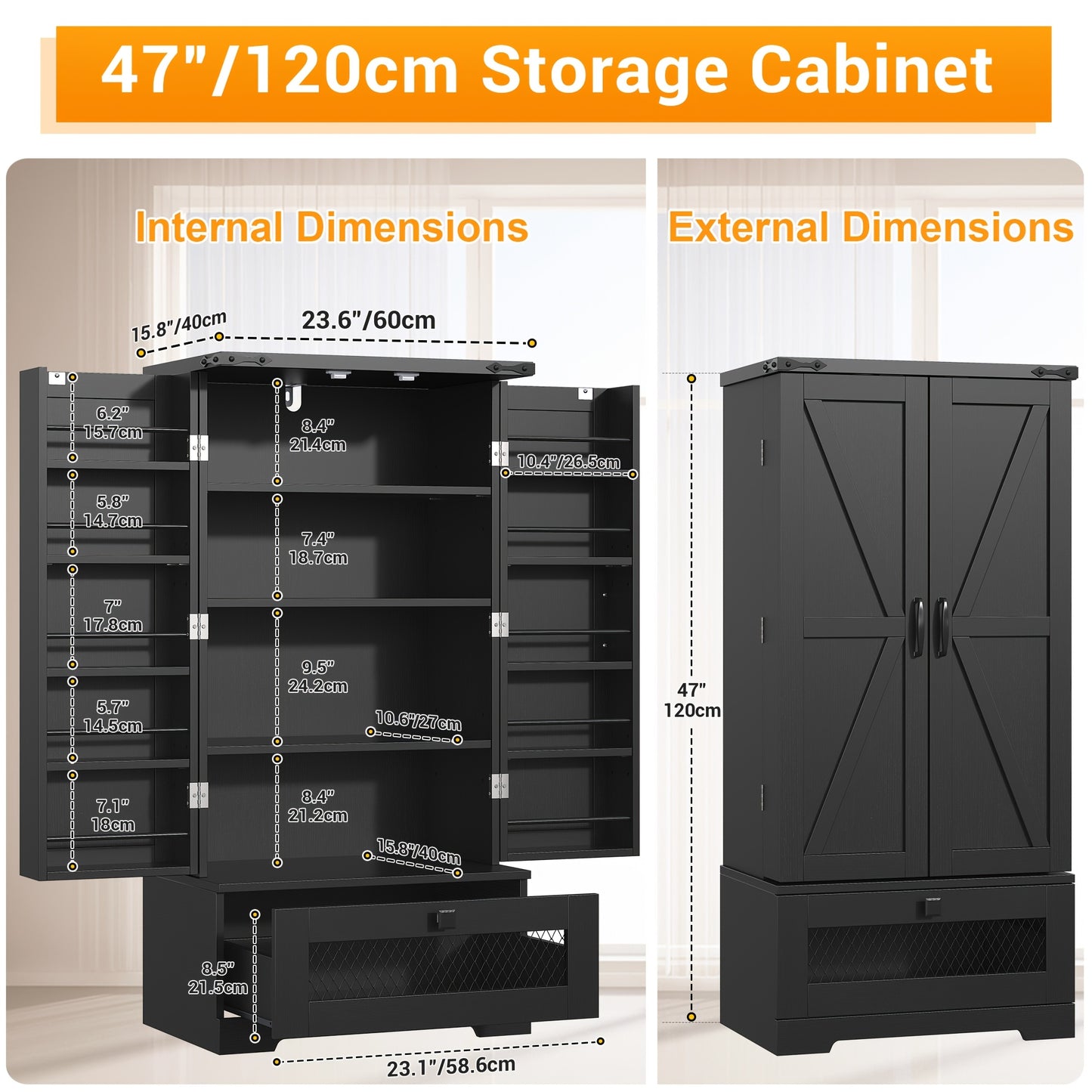 55 Inch Wooden Pantry Cabinet With Shelves And Drawer