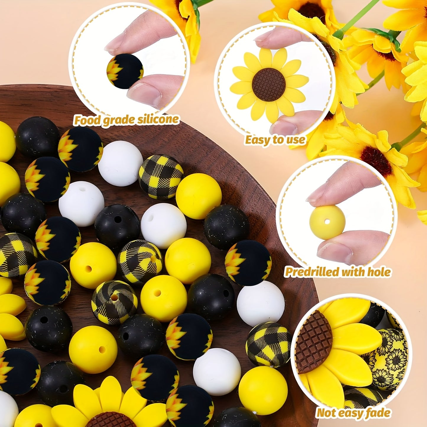 Yellow Sunflower Silicone Bead Set 82pcs For DIY Jewelry