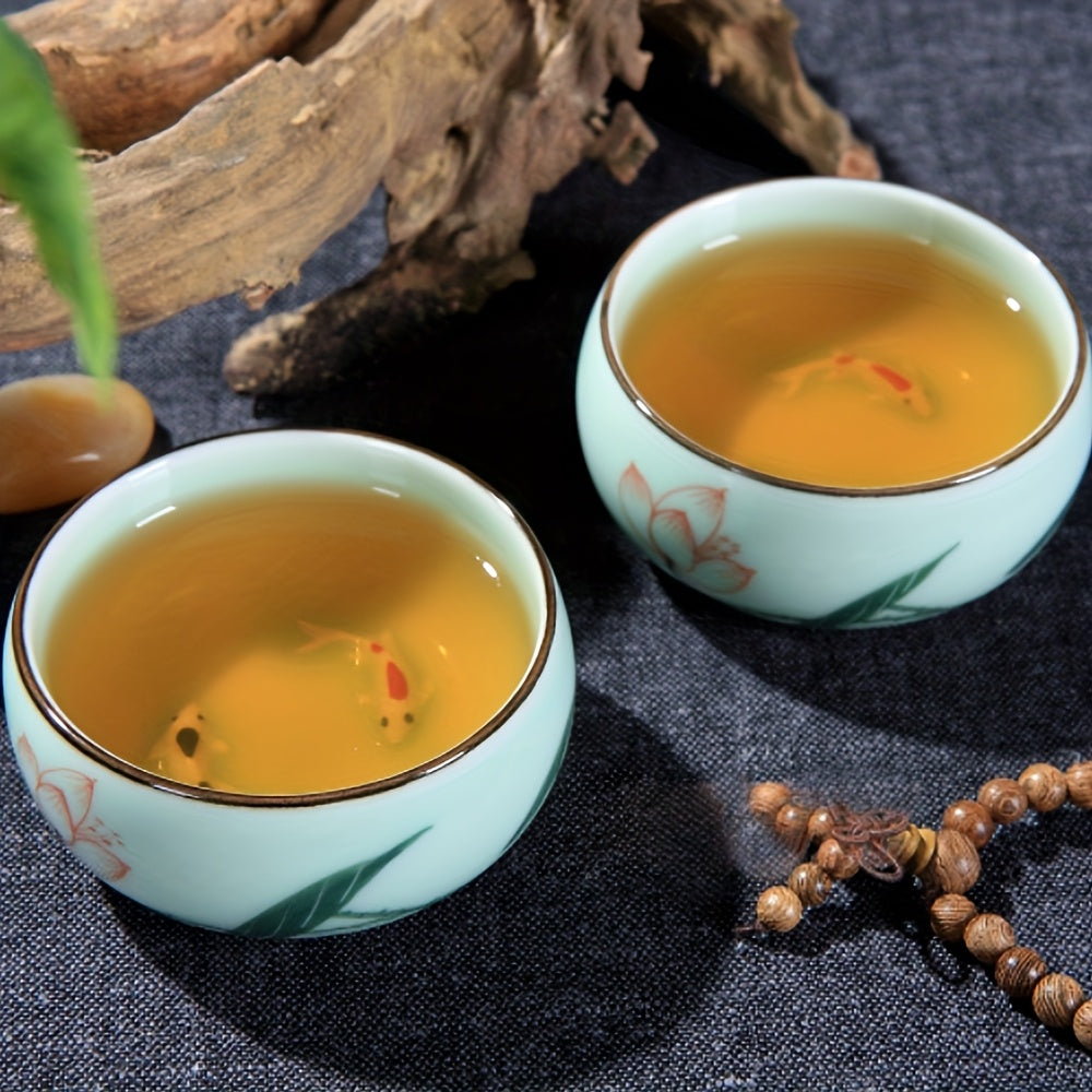Celadon Ceramic Tea Cups Set 3pc Hand Painted Landscape