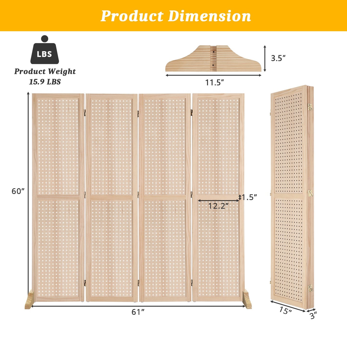 5 Ft Wood Freestanding Pegboard Room Divider Organizer