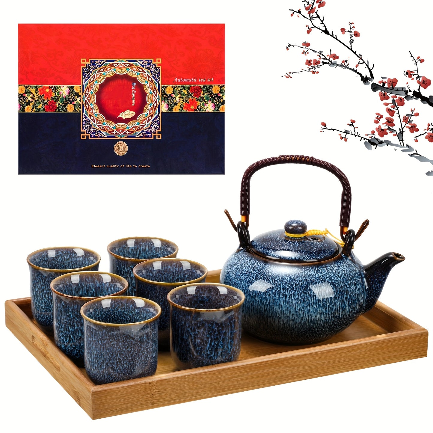 Japanese Tea Set 7 Pieces Teapot 6 Cups Tray Blue Porcelain