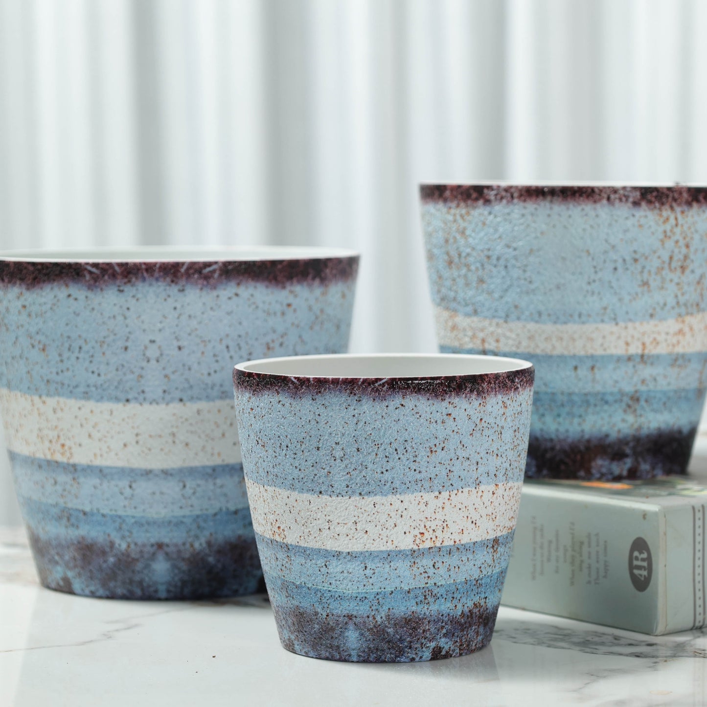 3-Piece PolyStone Modern Round Planters, Indoor Outdoor