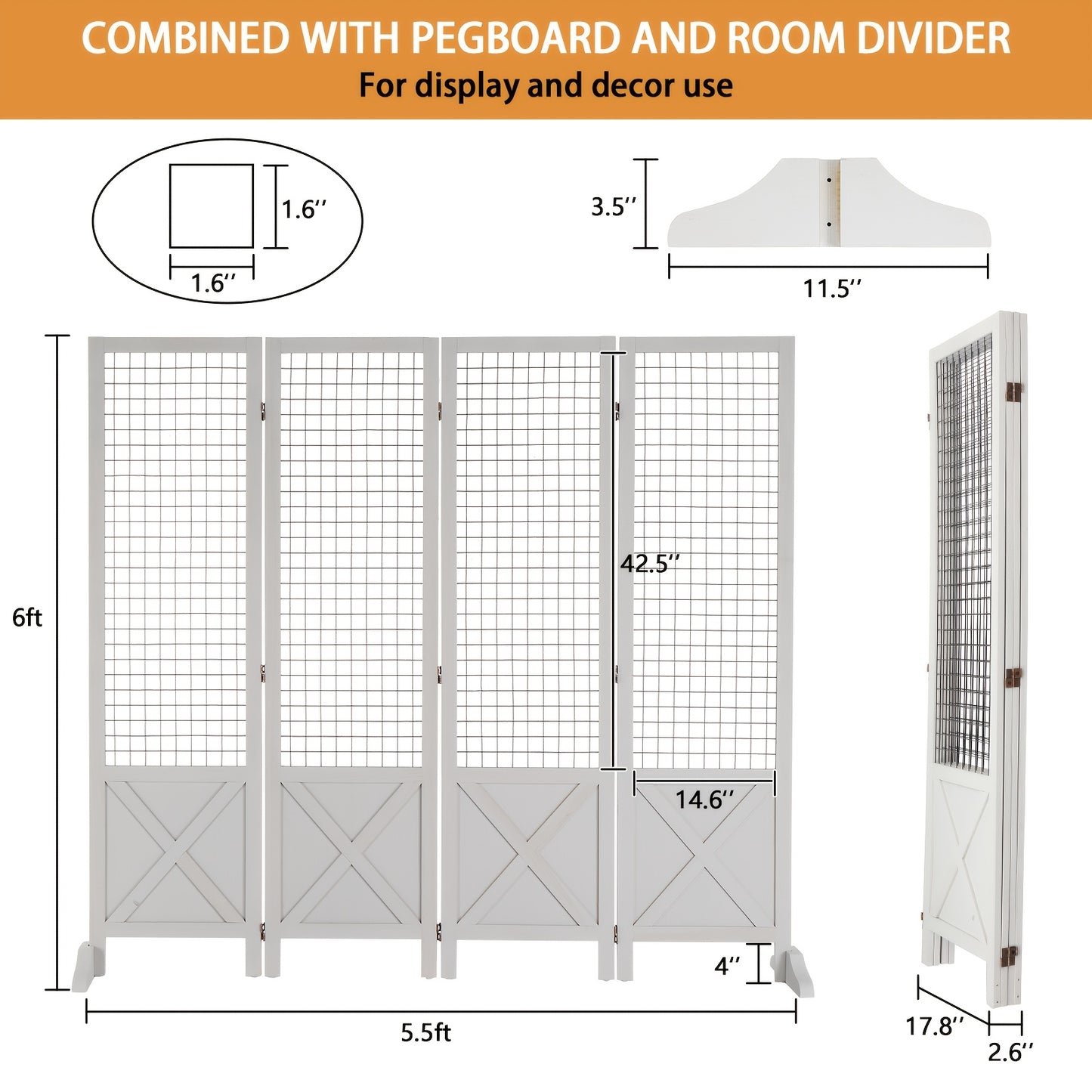 Matladin White 4-Panel Folding Gridwall Room Divider
