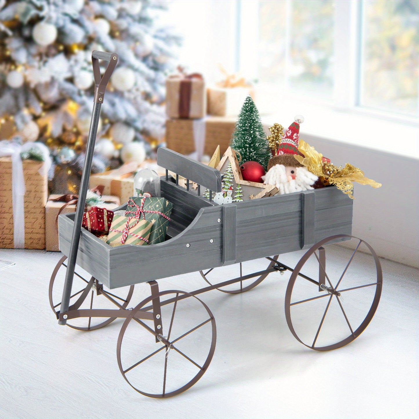 Spacious Rustic Fir Wood Garden Wagon Planter With Wheels