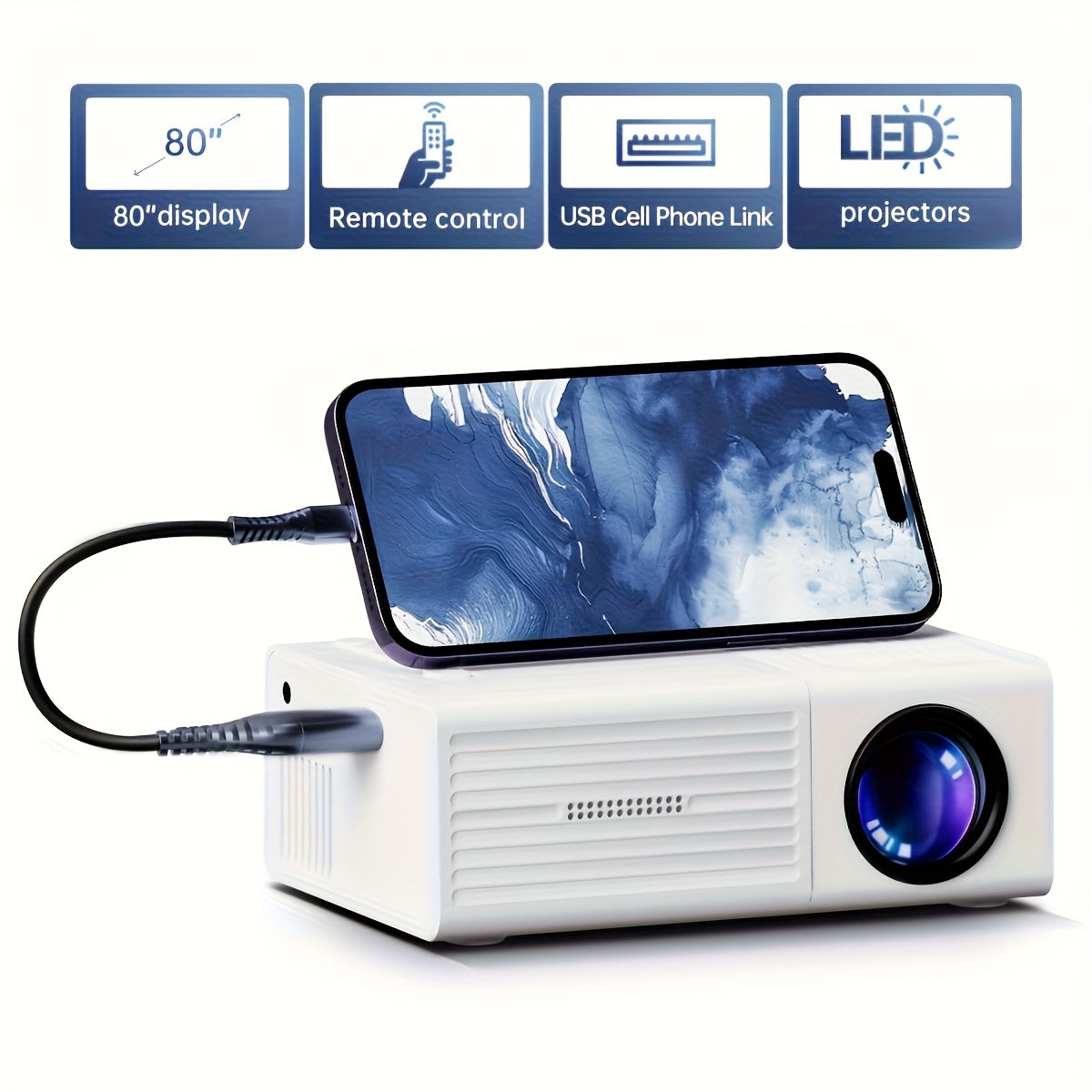 Portable Projector 1080P USB Remote Control LCD Display