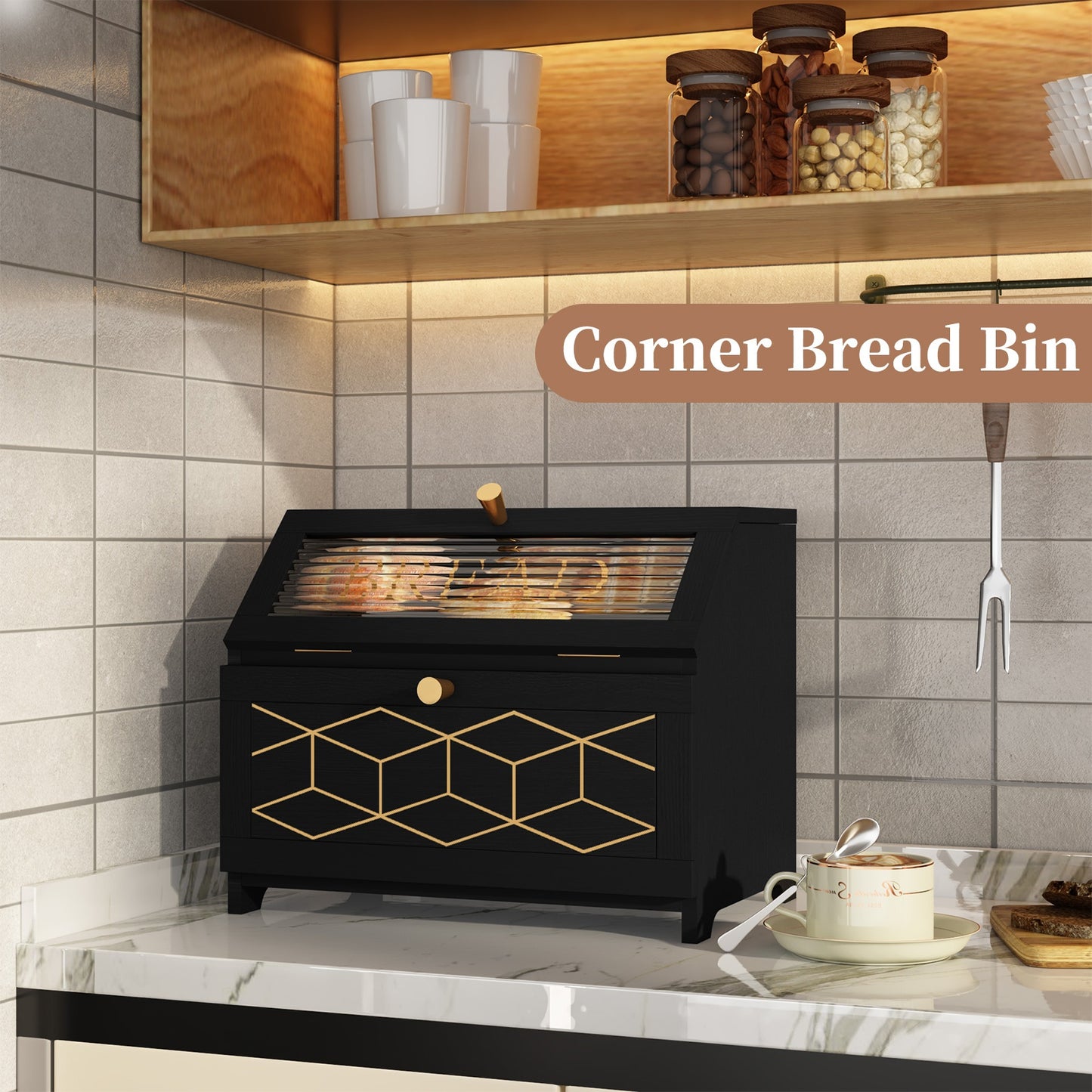 Golden Trim Wooden Bread Box For Kitchen Countertop Storage