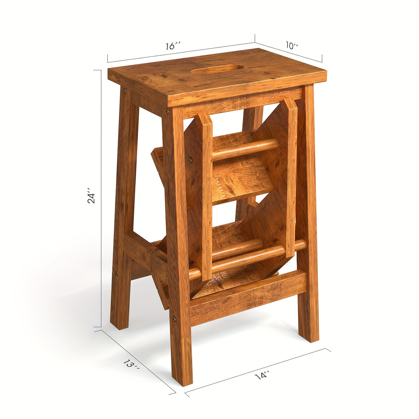 3 In 1 Folding Step Stool With 24 Storage Shelf Rubber Wood