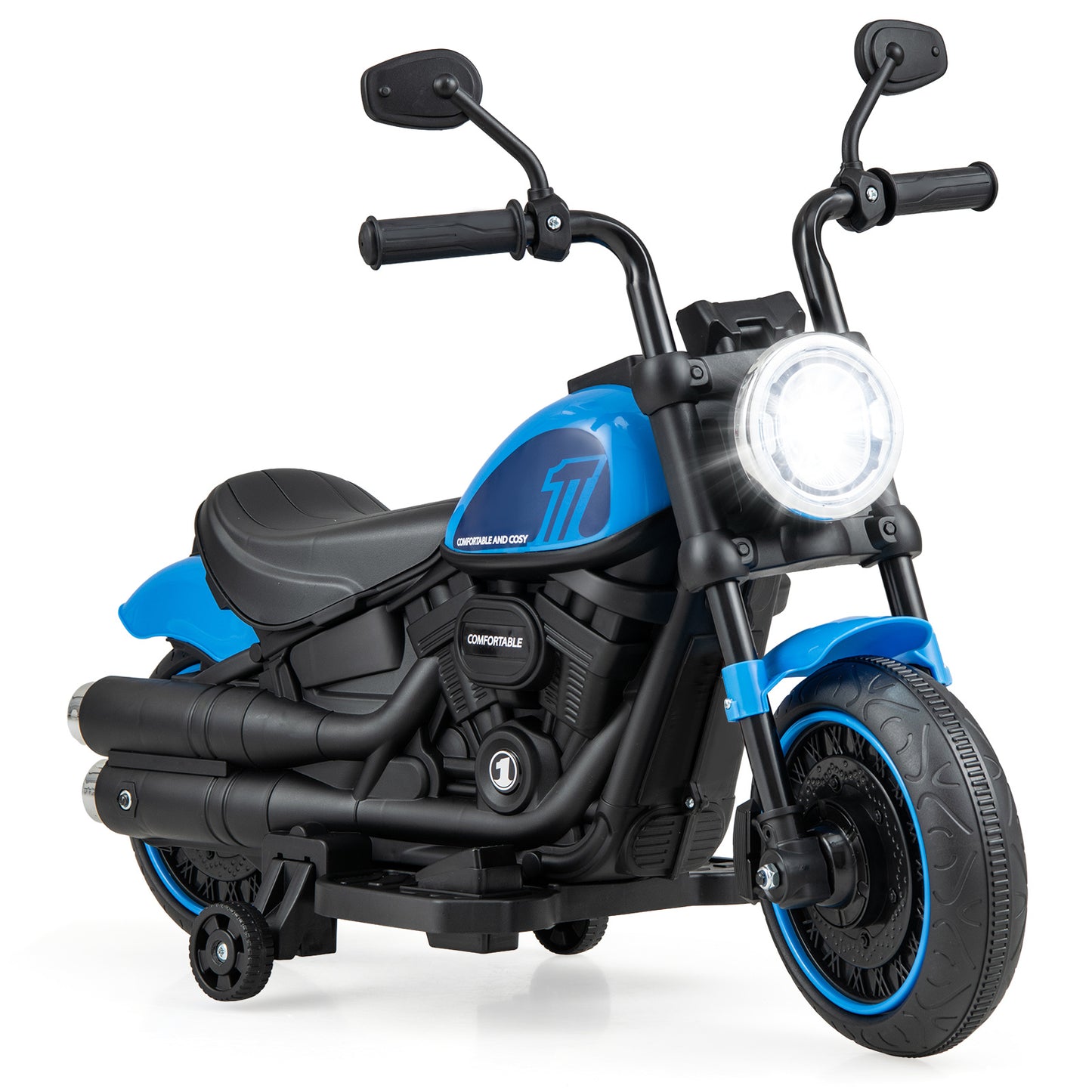 COSTWAY 6V Kids Ride Motorcycle With Training Wheels Navy