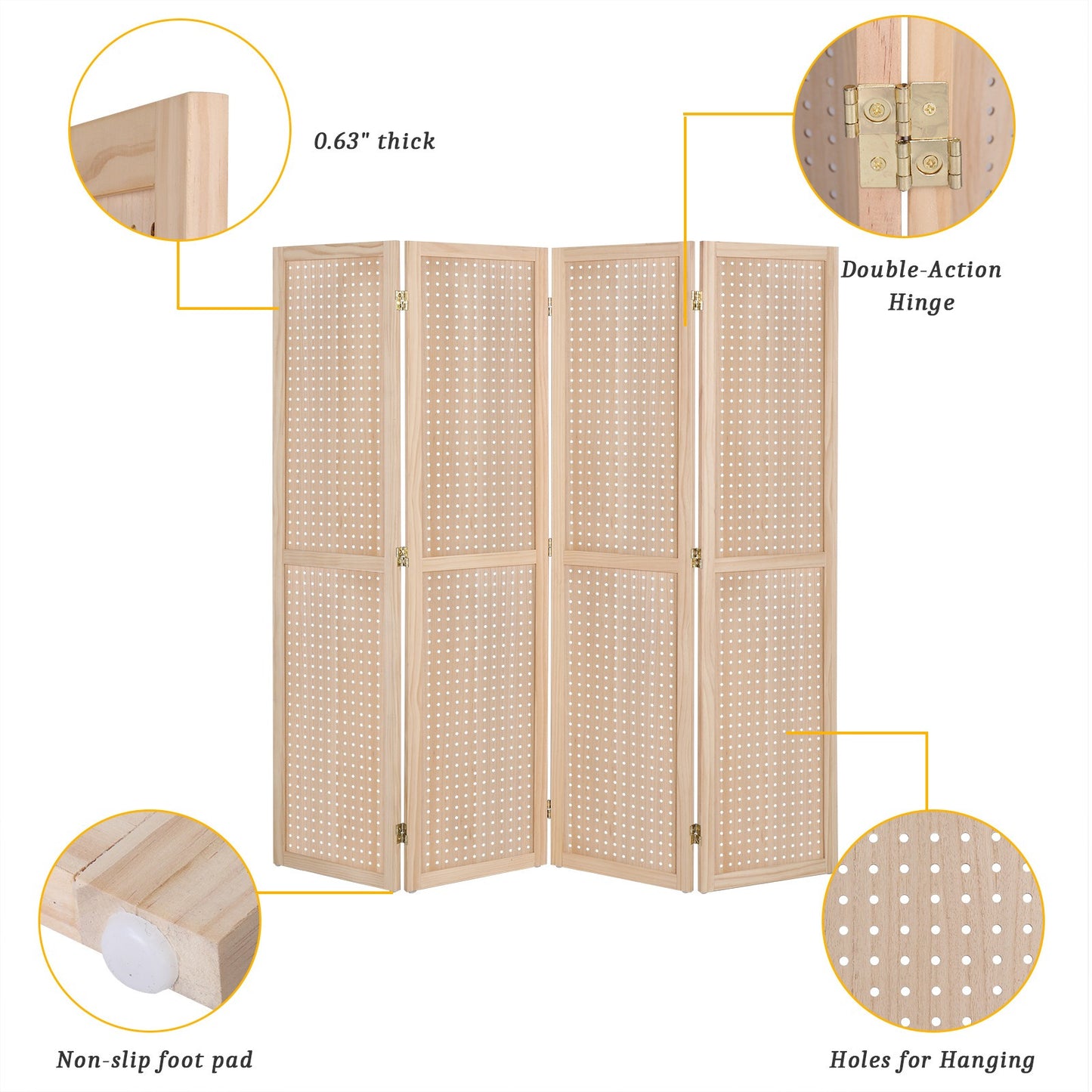 5 Ft Wood Freestanding Pegboard Room Divider Organizer
