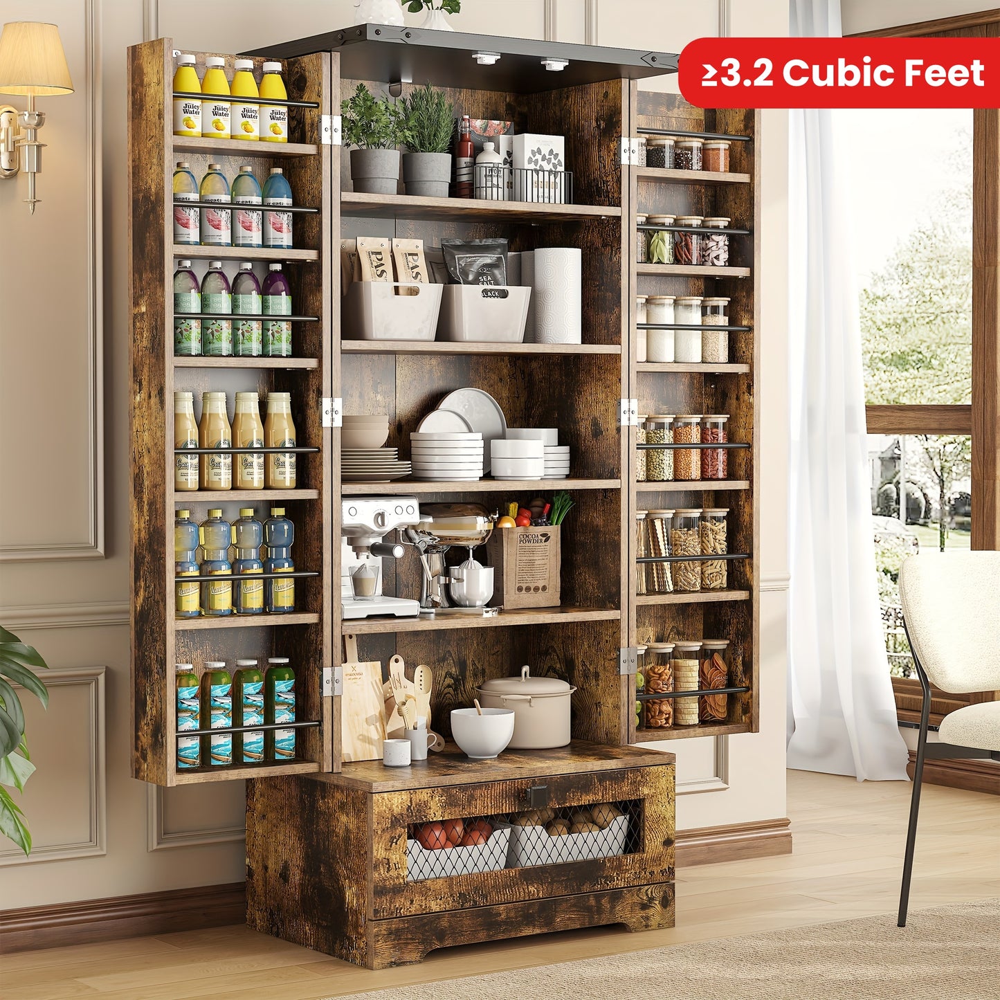 55 Inch Wooden Pantry Cabinet With Shelves And Drawer