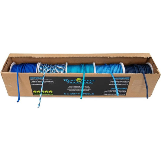 550lb Paracord Box Set Type III 100ft Spools In Five Colors