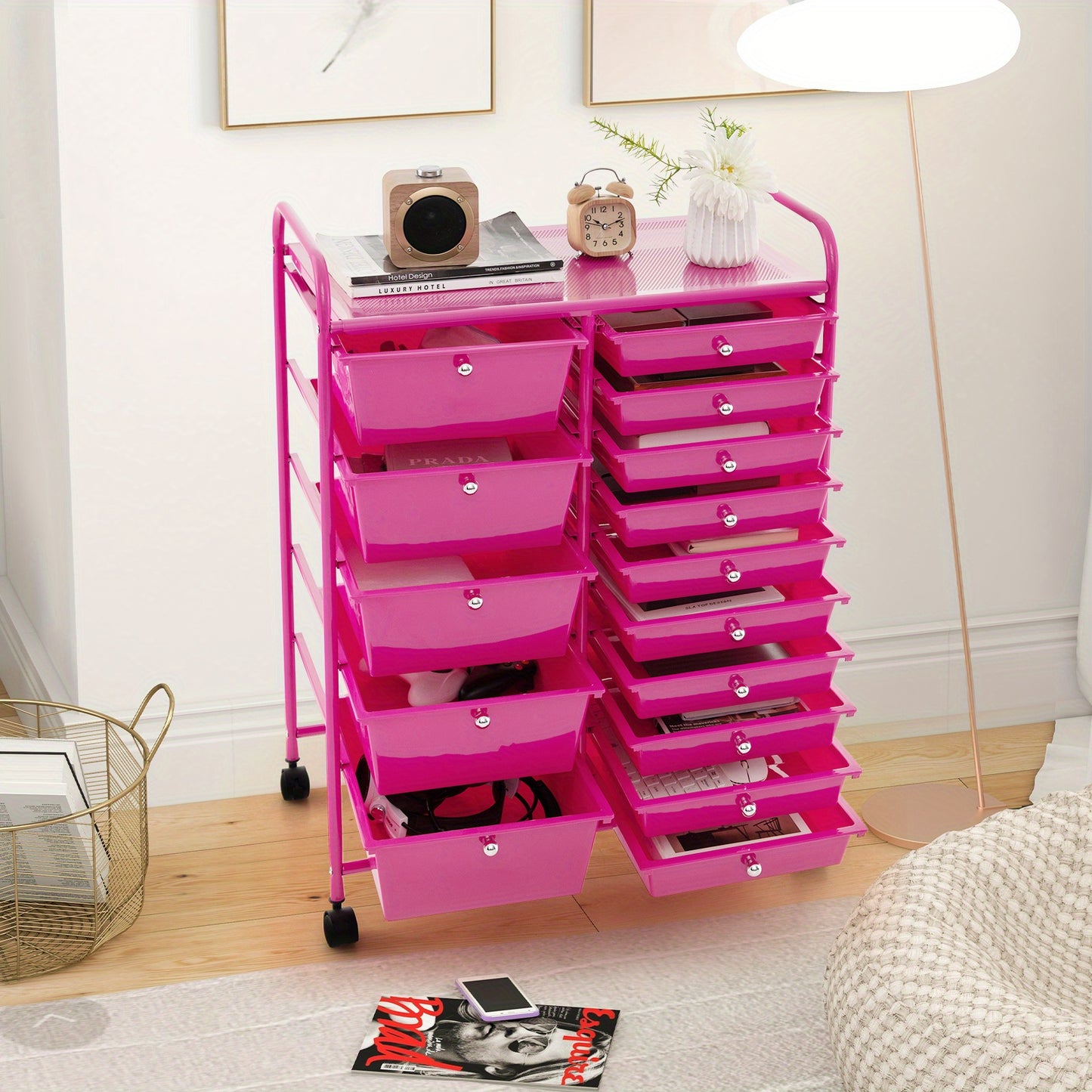 MULTIGOT Pink Cast Iron 15-Drawer Rolling Storage Cart