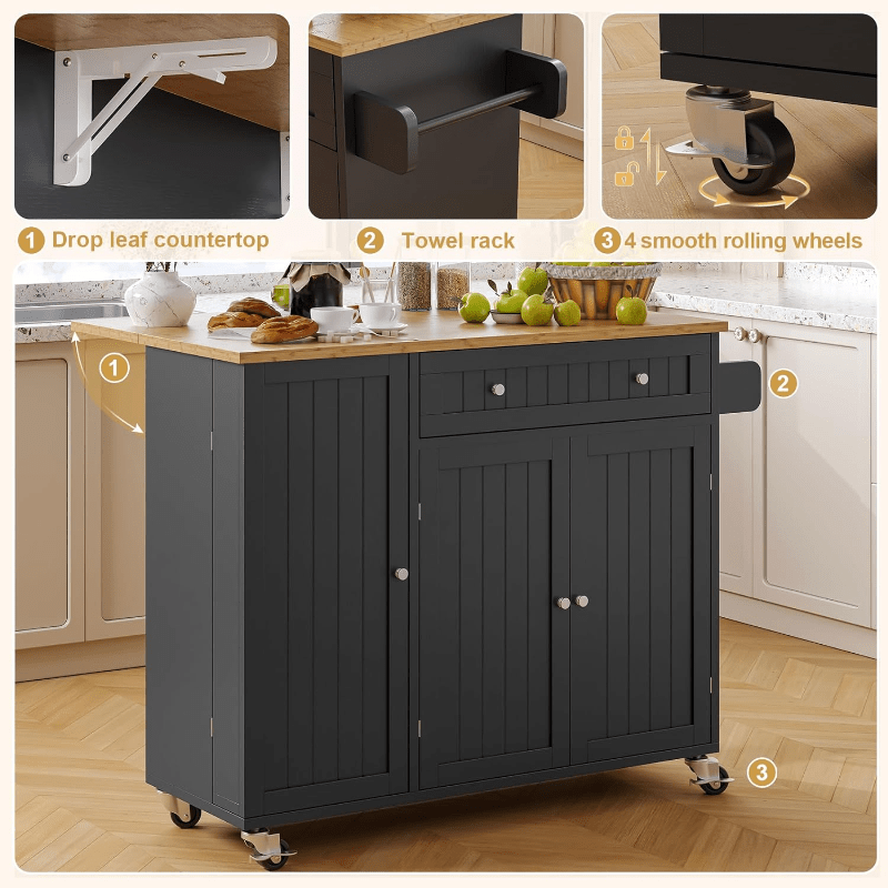 Kitchen Island With Drop Leaf On Wheels And Storage Cabinet