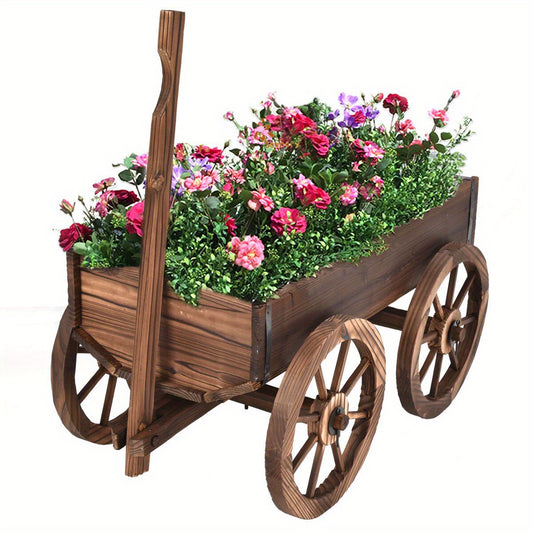 Multigot Wooden Wagon Planter Pot Stand With Wheels Garden