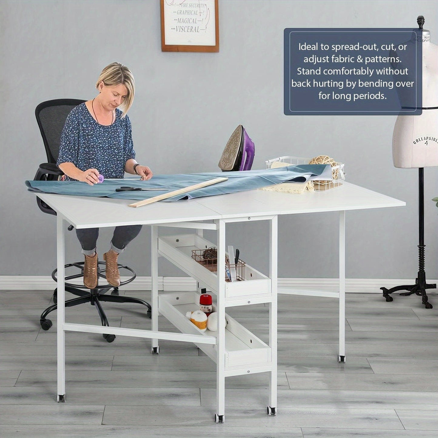 Erinnyees Folding Cutting Table With Storage Shelves