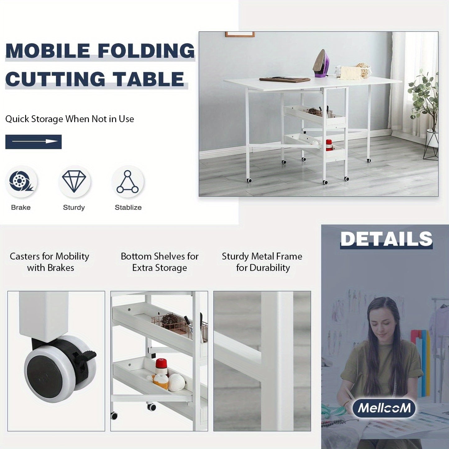 Erinnyees Folding Cutting Table With Storage Shelves