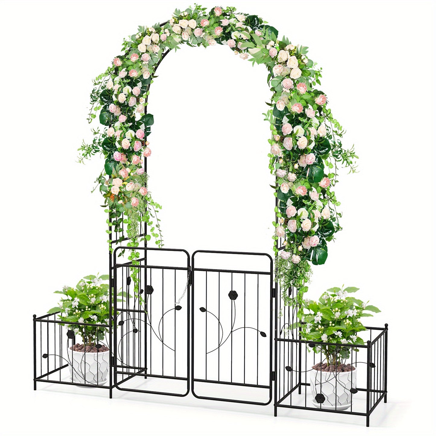 87 Inch Black Metal Garden Arbor With Lockable Gate