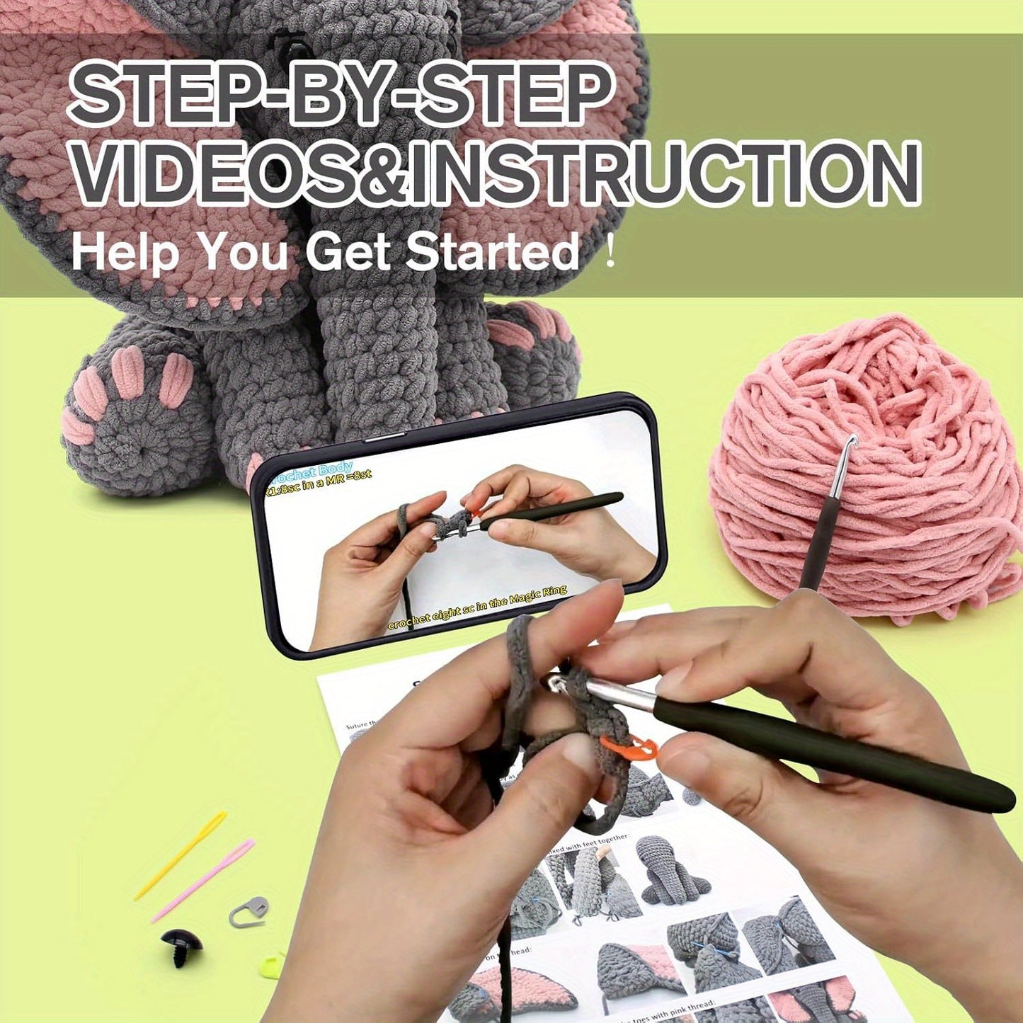 Crochet Starter Kit For Beginners Elephant Animal With Yarn
